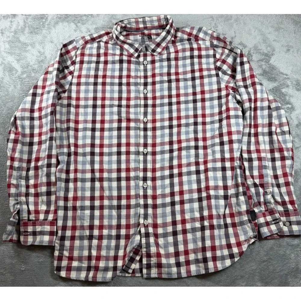 The North Face Mens XL Plaid Button Down Long Sleeve Shirt Red Gray White